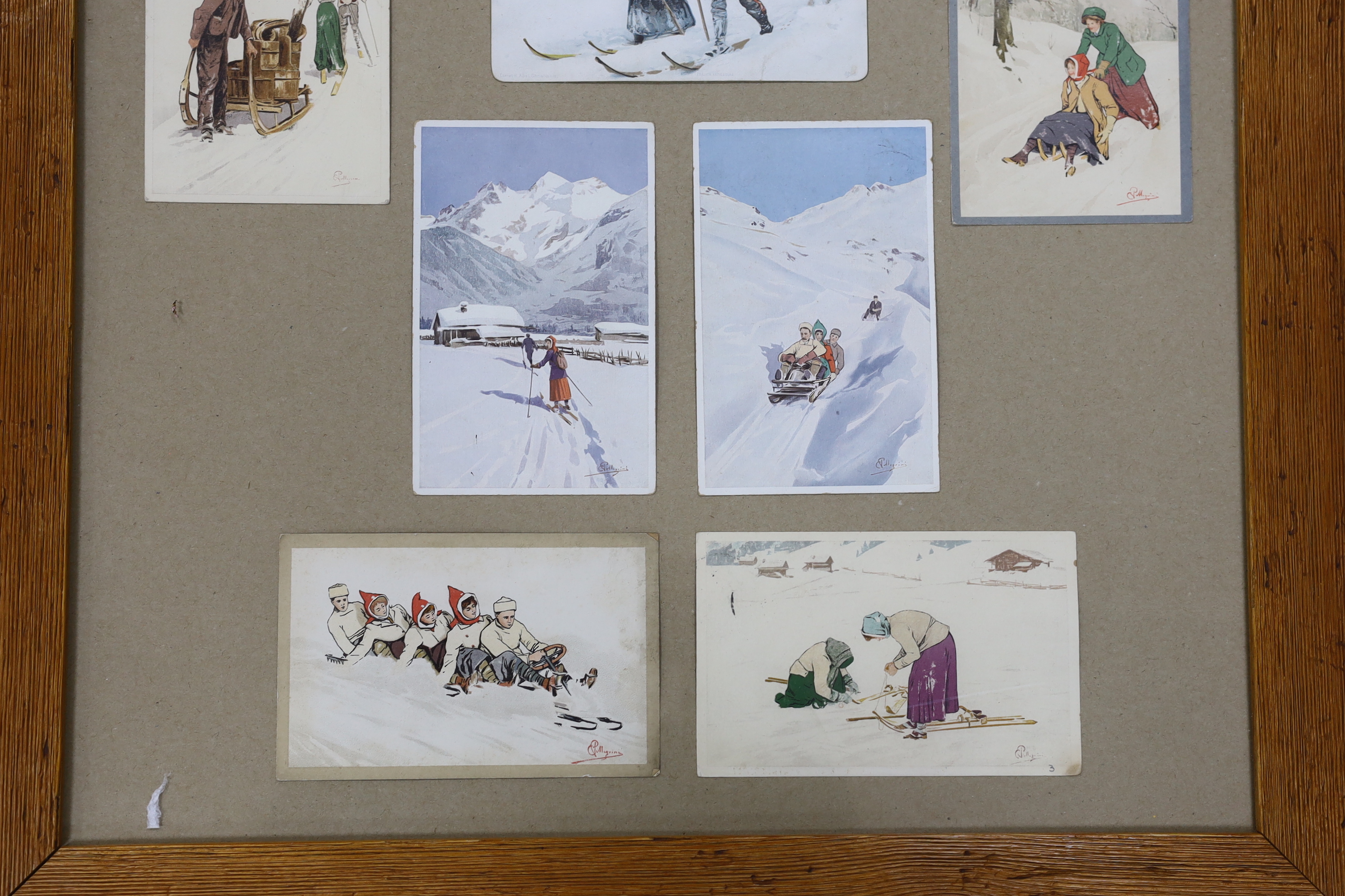 Carlo Pellegrini (1866-1937), seven assorted ski-ing theme postcards, framed as one